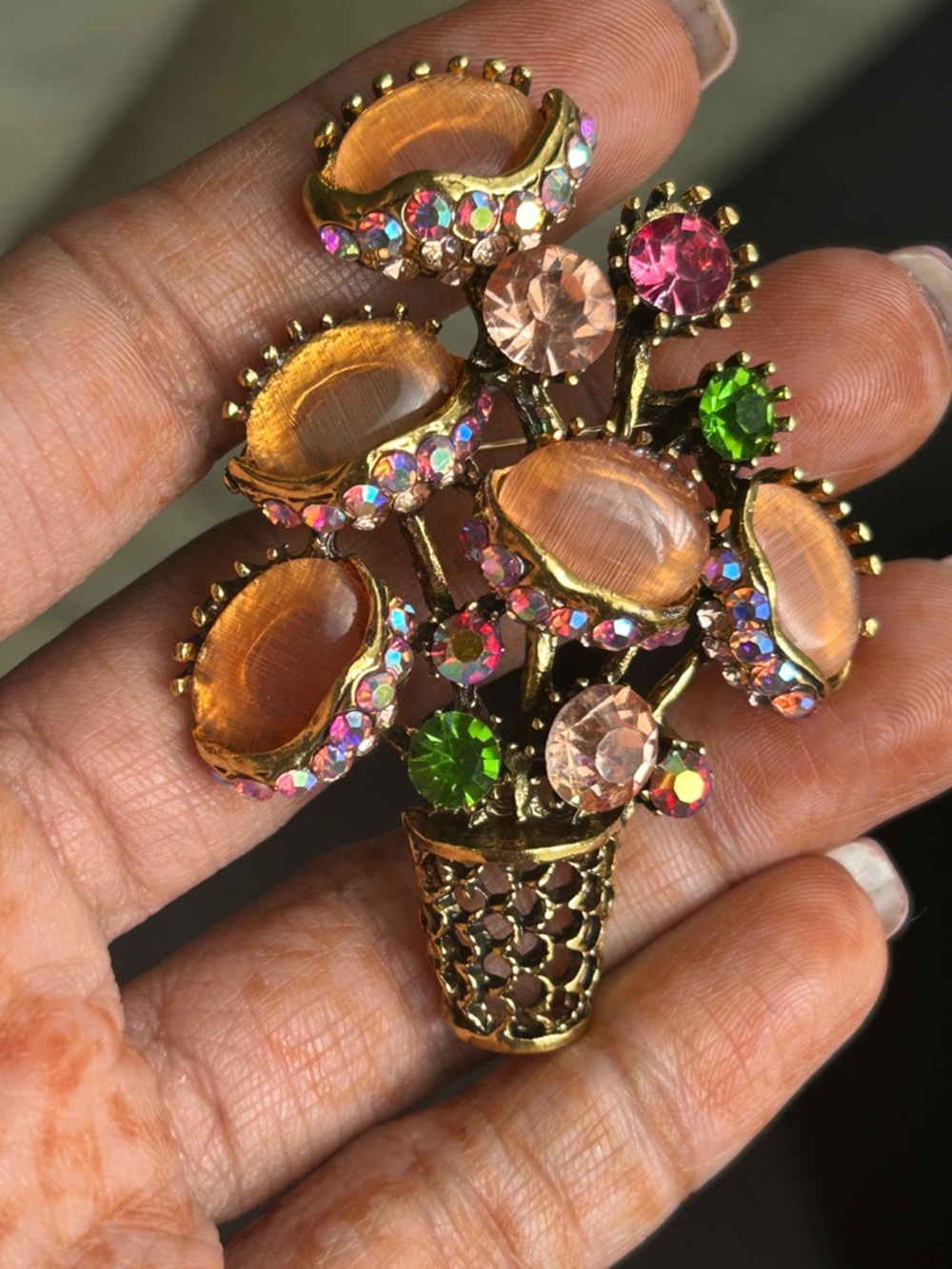 Gold-Tone Floral Crystal Bouquet Brooch — Pink, Green, Peach